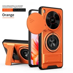 Enhanced Protective Phone Case with Slide Cover and Rotating Magnetic Ring Holder for ZTE Nubia V70 Max 4G (Orange)