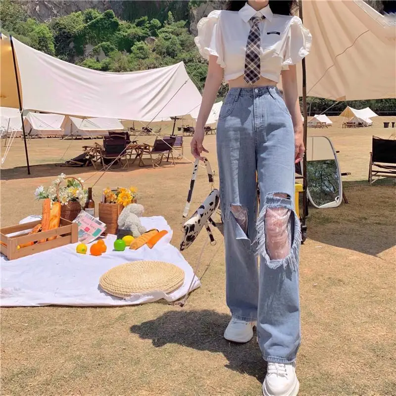 

New Fashion High-quality Lace Ripped Design High-waisted Jeans Women's Waist Slimming Loose Straight Tube Thin Trousers Students