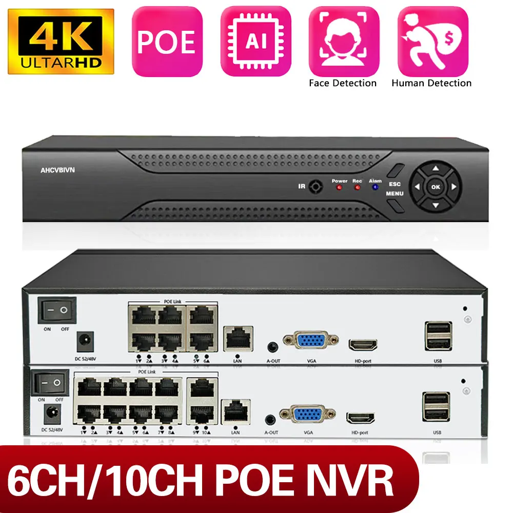 4K 6Ch 8Ch 10Ch Poe Nvr 2Mp 3Mp 5Mp Network Video Face Recorder Infrarossi Home Security Cctv Sorveglianza Nvr Per Telecamera Ip Poe