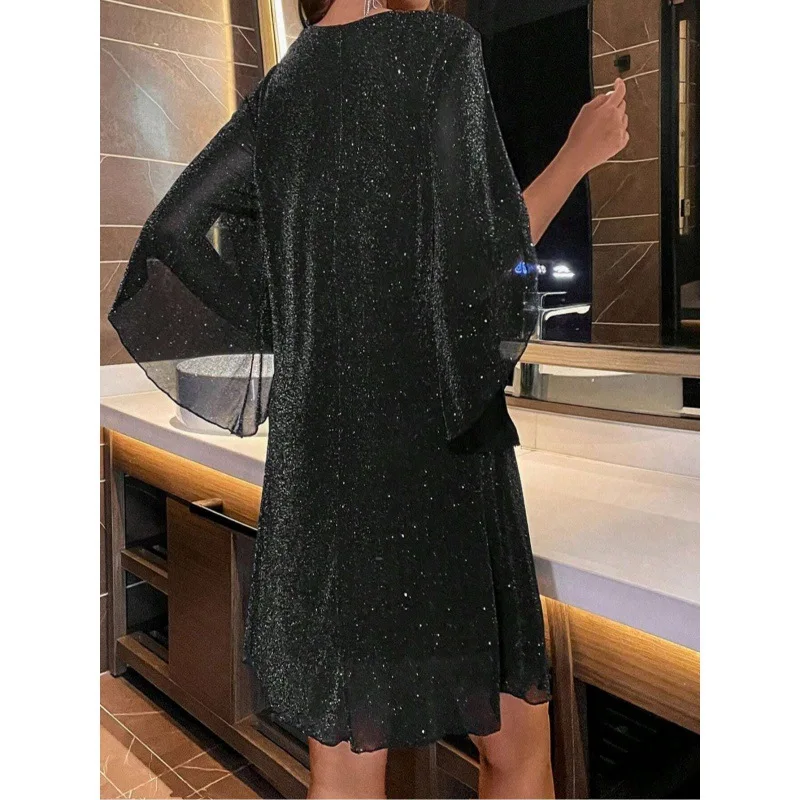 Bright Sequin Dresses Women V-neck See Through Chiffon Patchwork Irregular Half Sleeves Loose Mini Dress Female Vestidos 2024 3