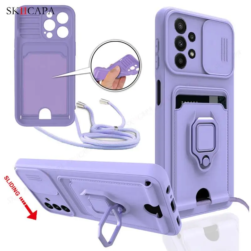 Crossbody Necklace Lanyard Silicone Case with Card Slot & Magnetic Stand Cover