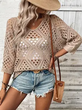 Elegant Casual Loose Knitted Hollow Sleeve Sweater Large Perforated Fashionable Versatile Top Knitwear 1
