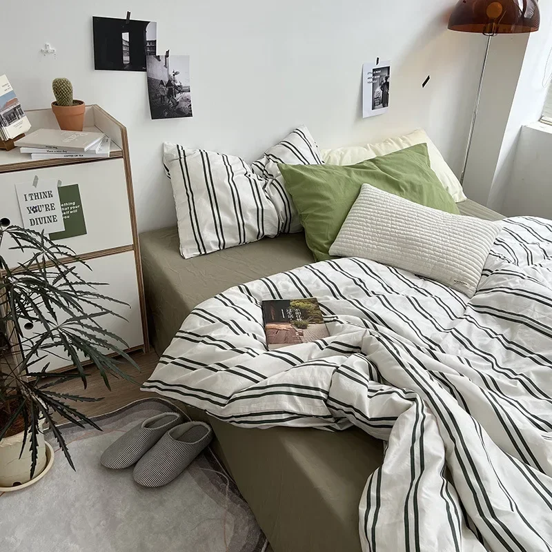 

Classic Stripes Bedding Set Soft Pure Cotton Breathable Flat Sheet Duvet Cover Pillowcases Single Queen Size Dormitory Bed Linen