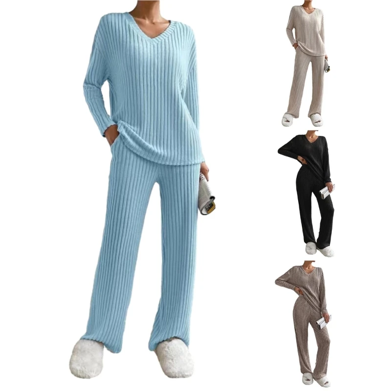 Women 2 Piece Knit Set Long Sleeve Pullover Sweater Top Wide Leg Pant Outfits Dropship