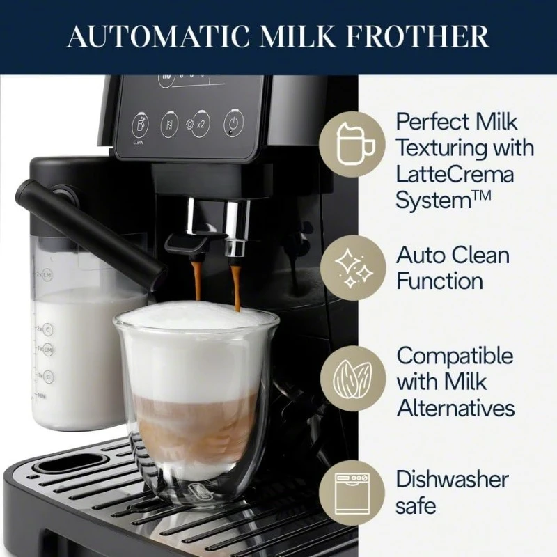 Start Fully Automatic Espresso Machine,Removable and Dishwasher-safe Parts for Easy Clean Up.5 One-Touch RecipesLatte Macchiato,