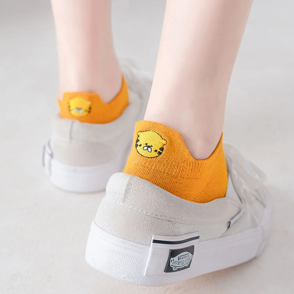3Pairs Women Boat Sock Cotton Cute Cartoon Animal Embroidery Slippers Socks Solid Colors Cat Funny Ankle Socks Casual Socks Gift