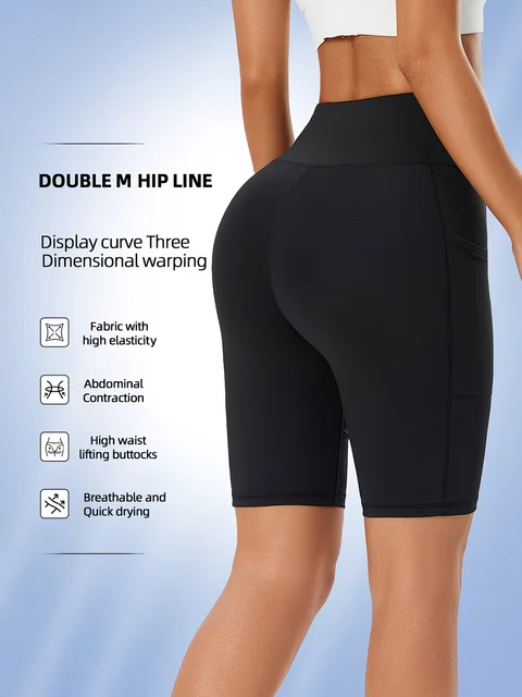Shorts de sport taille haute d'été avec poches latérales, pantalons capri de course et de yoga, pantalons de sport et de fitness tendance, leggings élastiques