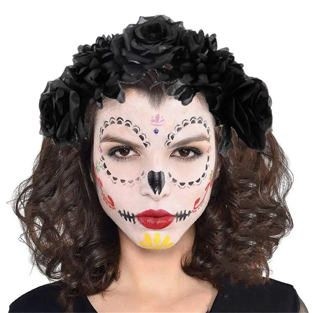 Halloween Rose Blumen Stirnband Mexikanische Blumenkrone Kopfschmuck mit schwarzem Schleier Party Kostüm Cosplay Kopfbedeckung Dekoration – Detail 7