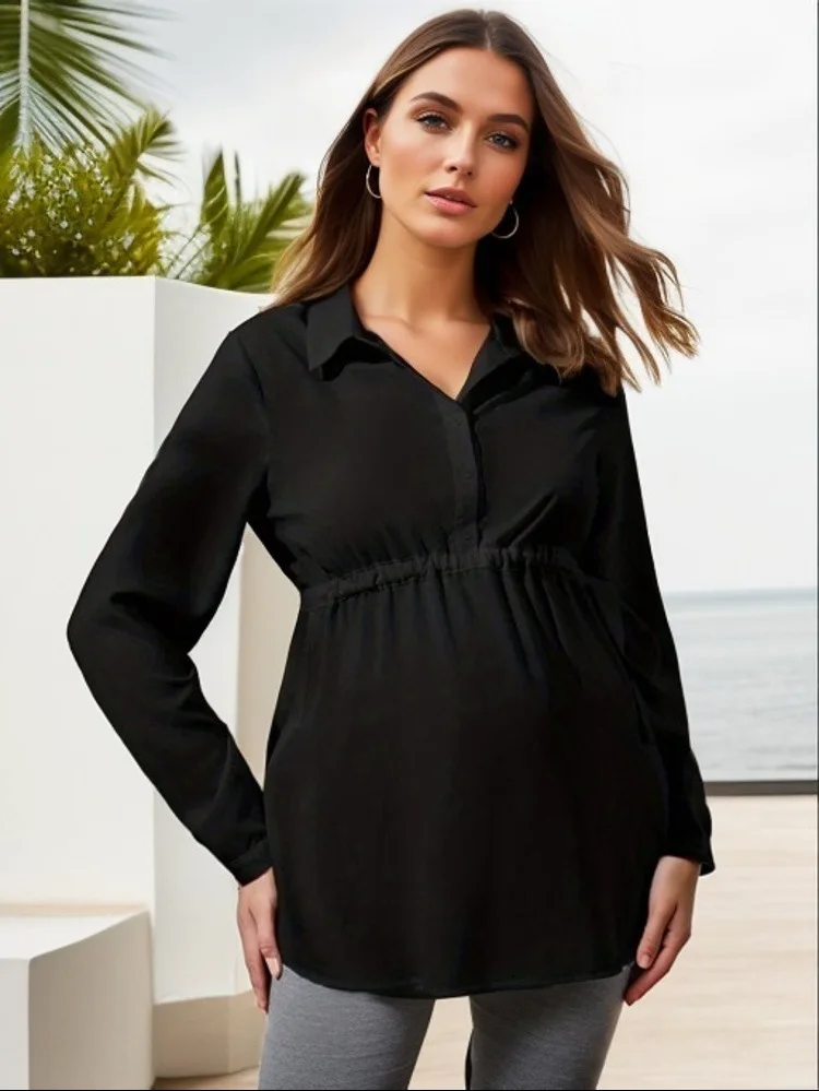 Spring Summer Women's Fashionable Solid Color V-neck Comfortable Long-sleeved High-waisted Casual Breathable Pregnant Shirt 6