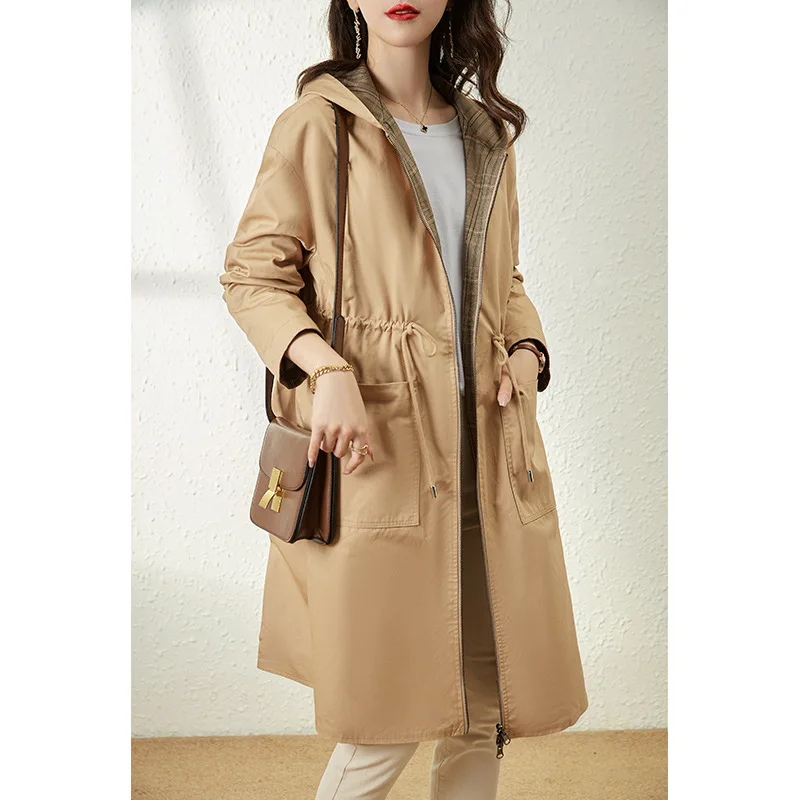 

Sassy And Fashionable Plaid Windbreaker For Women's Mid To Long Style Early Spring New Spring And Autumn Season Outerwear Temper