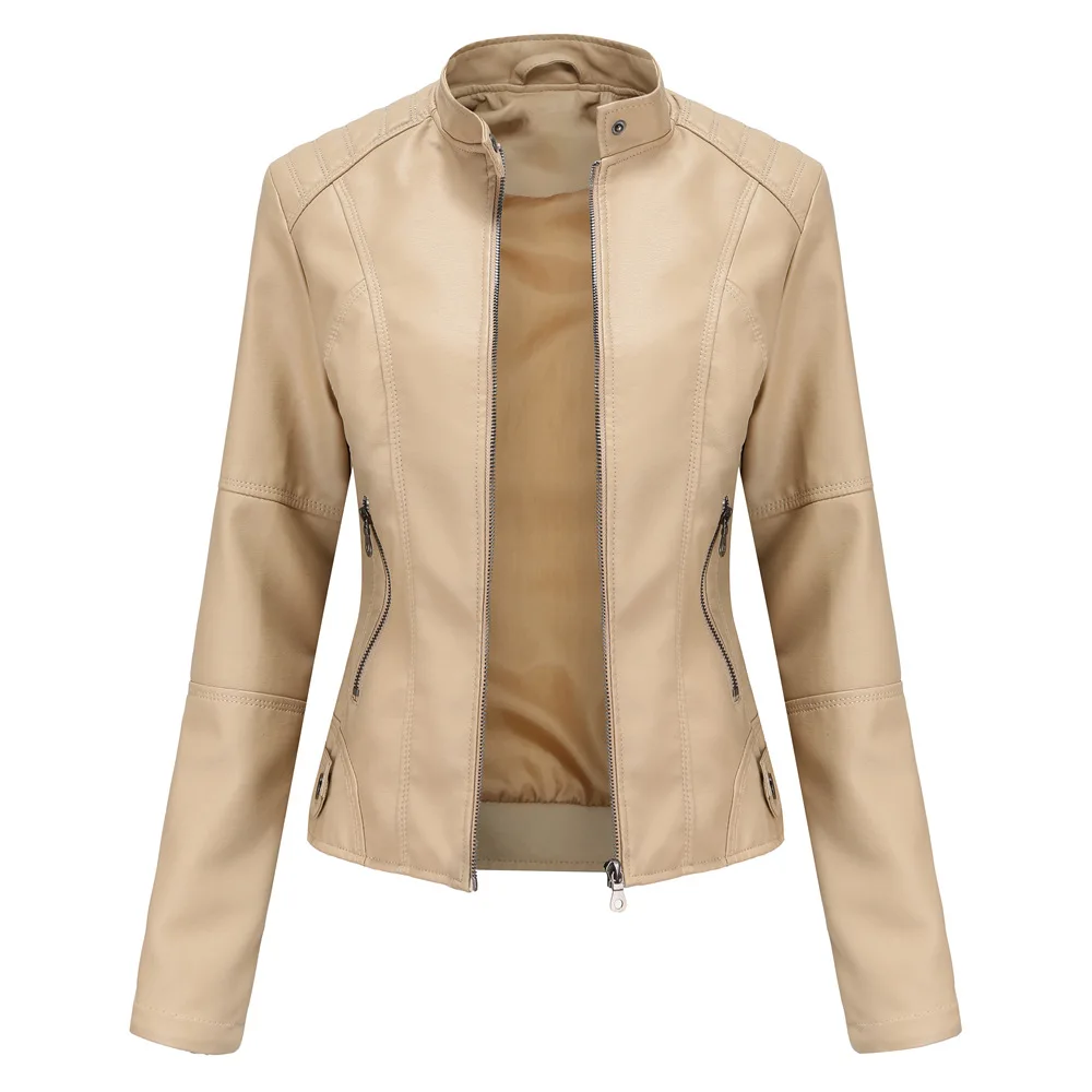 

Leather Jacket Women 2023 New Autumn Spring Women's Moto Biker Zipper Jacket Red Black Coat New Outerwear Brown XS Purple Navy