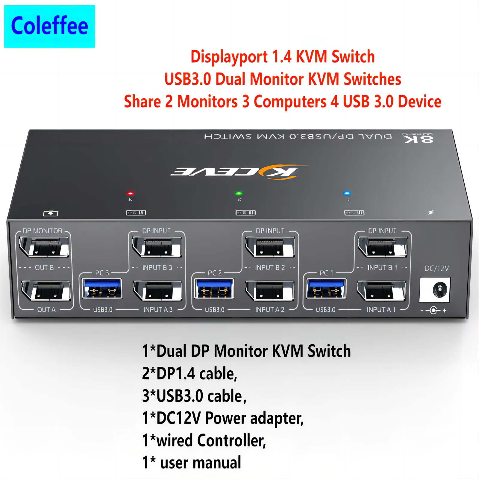 Kceve Displayport Switch Kvm 2 Monitor 3 Computer 8K @ 60Hz 4K @ 144Hz,Usb3.0 Dual Monitor Kvm Switch Dp 1.4 Con 4 Dispositivi Usb