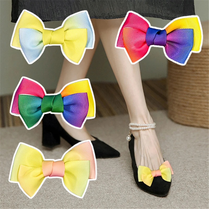 

2 Pcs Gradient Color Shoe Clips Detachable Webbing Bow Shoe Buckle Classic Women Shoe Embellishment for Pumps DIY Accessories