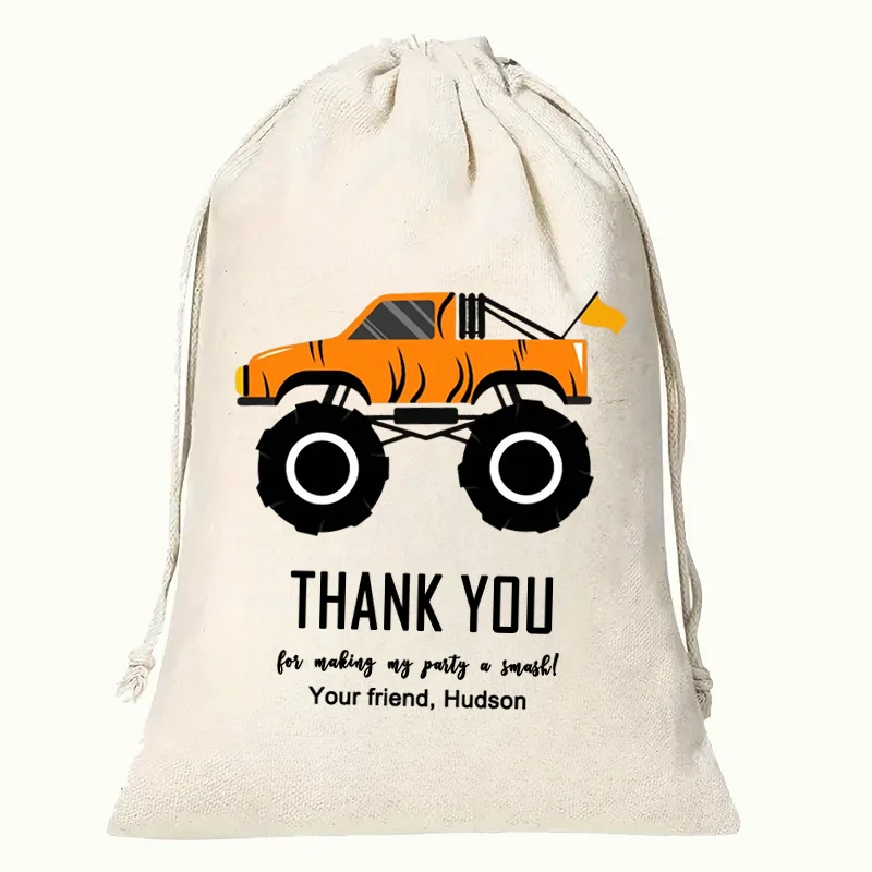 Personalisierte 5 Stück 13 x 18 cm Monster Truck Party-Geschenktüten, wiederverwendbare Baumwoll-Goodie-Taschen für Geburtstagsfeier, Babyparty-Dekoration – Detail 1