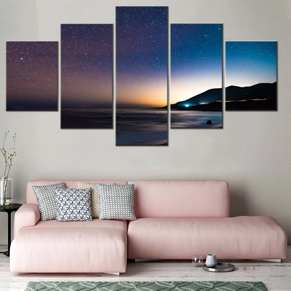 

5 Pieces Wall Arts Canvas Poster Painting Landscape Starry Sky Mountains Night Sea Shore Home Decor Modular Picture Print Mural