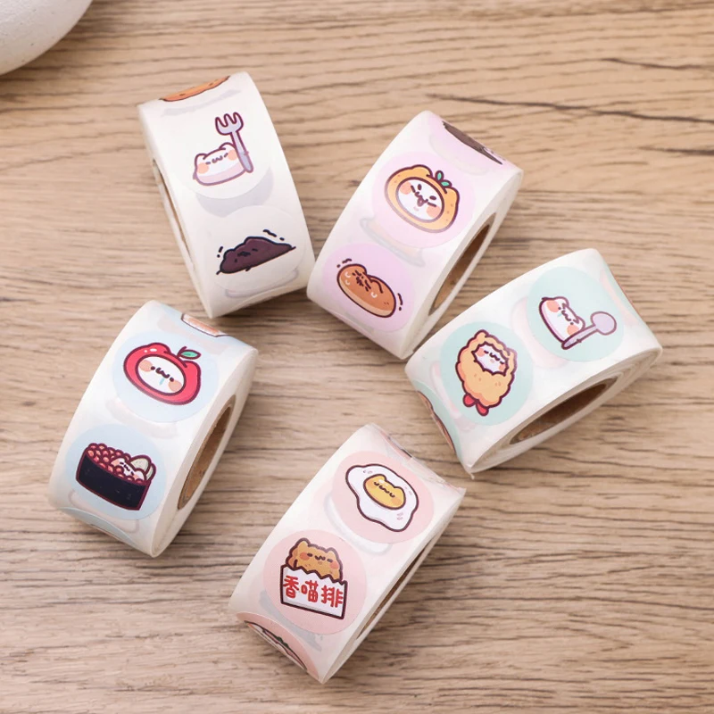 500Pcs/Roll 2.5cm/1inch Circular Cute Cartoon Sushi Pattern Decorative Sticker Baked Dessert Lunch Box Label Decor Sticker