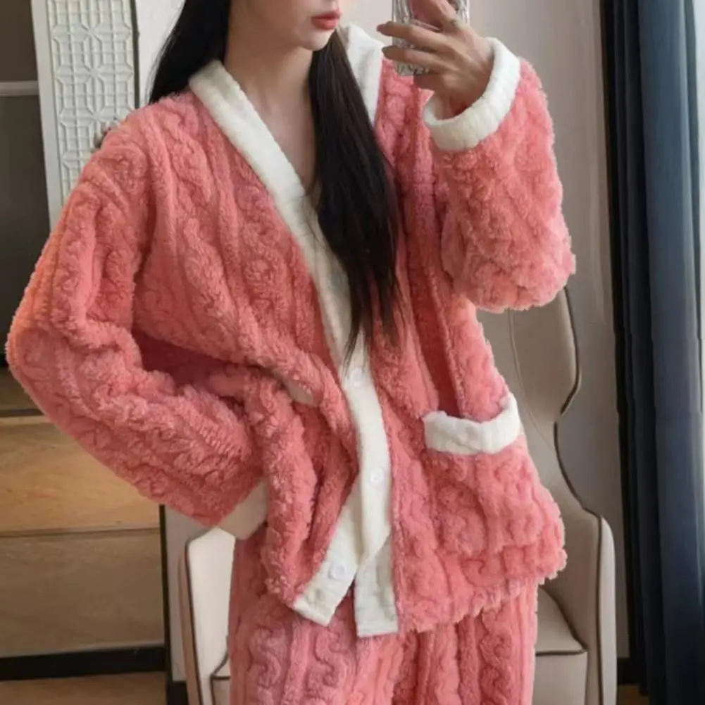 

Coral Fleece Loungewear Set Cozy Loungewear Set Cozy Winter Loungewear Set for Women Plush Thermal Pajamas with V-neck Long