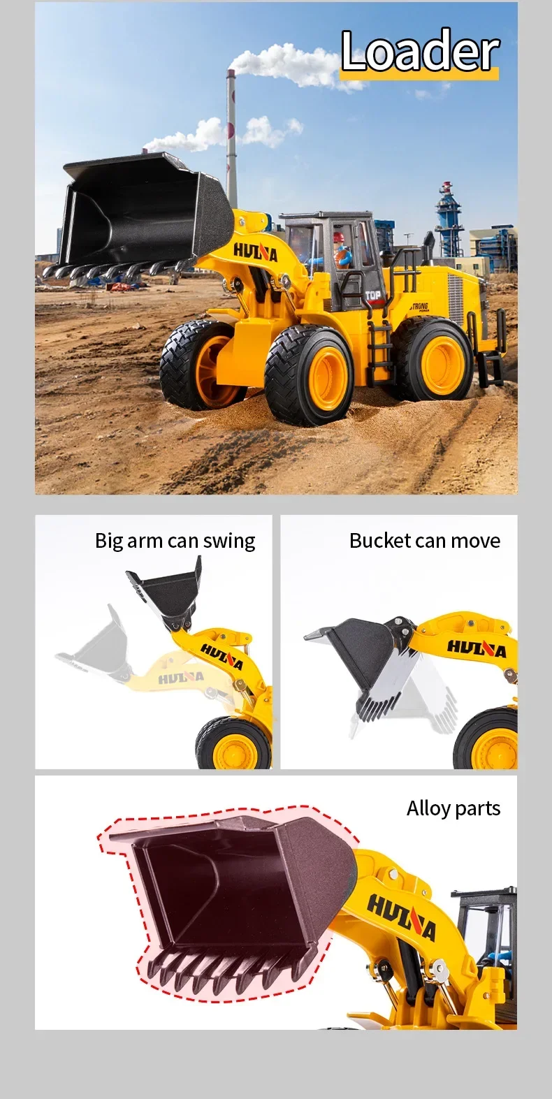 Sbb464b0604904a248ec5ce6d65fc6d53c Huina Nowy produkt Statyczna koparka zrzutowa Symulacja pojazdu inżynieryjnego 1:35 Dekoracja zabawek dla dzieci Bez pilota