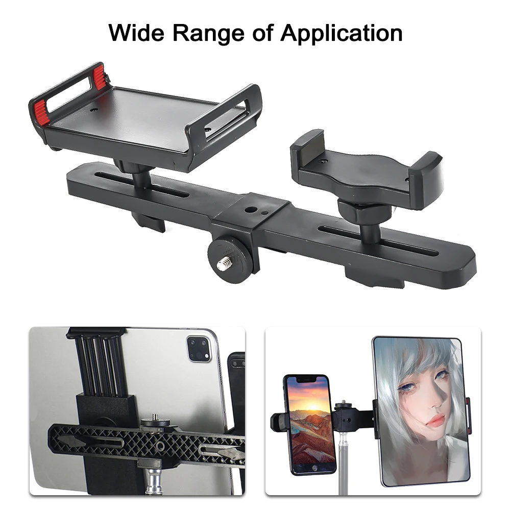 

Universal Microphone Stand Double Cell Phone Holder Tablet Clamp 1/4in Adapter Multi-Purpose Live Broadcast Selfie Bracket