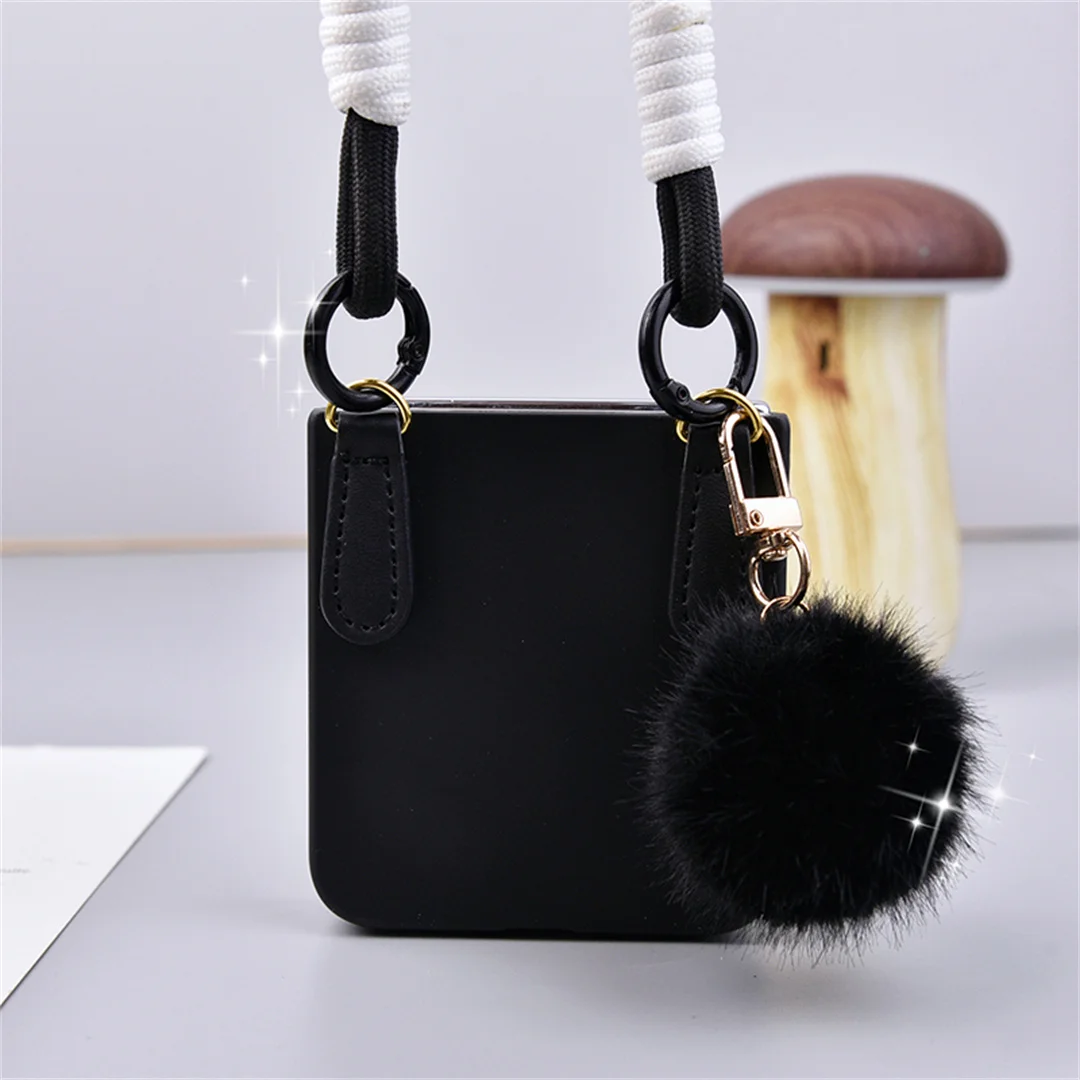 Korean Cute Solid Color Black Plush Ball Portable Rope Phone Case Back Cover
