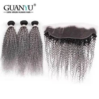 1B/Grey Kinky Curly Ombre Hair Bundles with Frontal Transparent 100% Human Hair Weaves 3 Bundles with Lace Frontal 13x4
