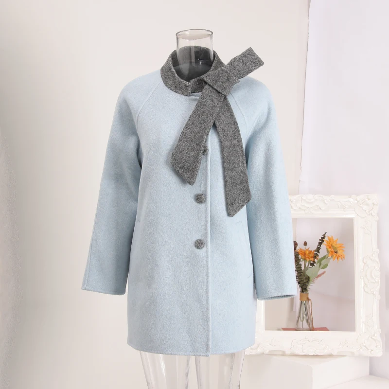 LANMREM Grey And Blue Colorblock Tie Collar Design Women's Double-faced Woolen Coat single Breasted Autumn Witner Clothing G4190 - Image 4