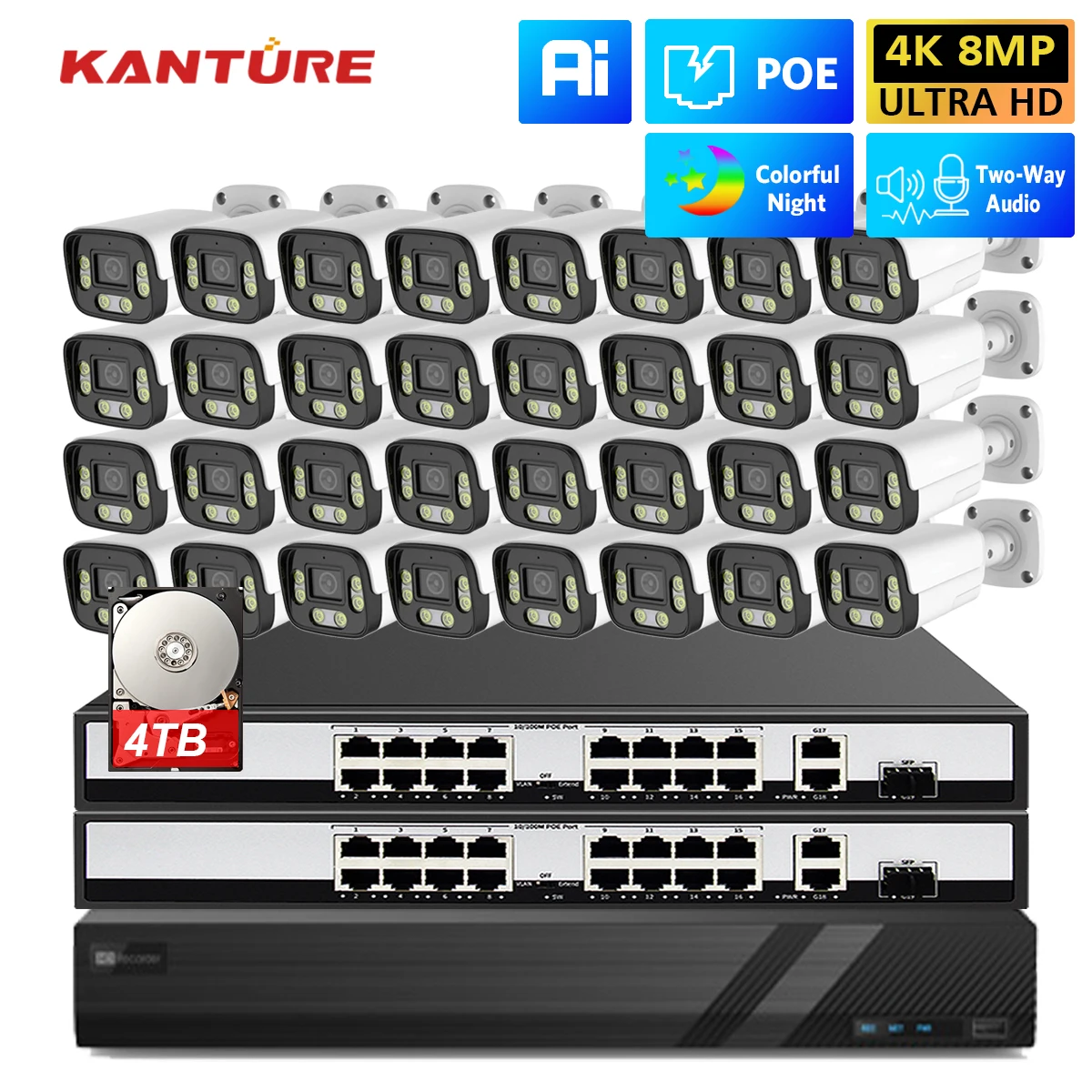 

KANTURE 32CH 4K Video Surveillance System 8MP Ai Human Detection Outdoor Two Way Audio Color Night Security Camera Kit Xmeye P2P
