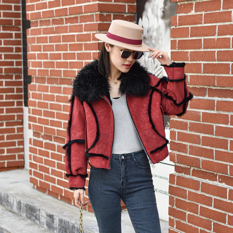 Streetwear 2022 fashion Woman Natural Fur jackets Plus Size Black red ...