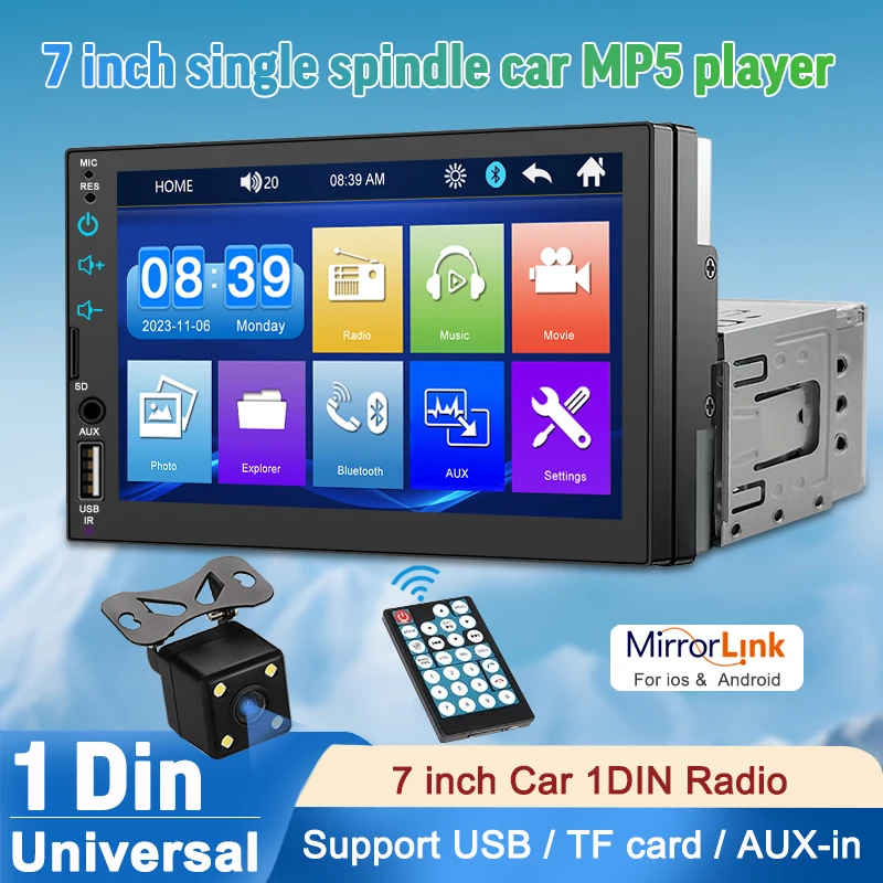 

7“ Car Radio 1 Din Multimedia Player HD Touch Screen Multimedia FM AUX Input USB Bluetooth Mirror Link MP5 Universal Autoradio