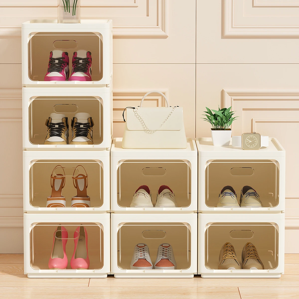 WORTHBUY Foldable Shoe Rack Plastic Collapsible Storage Box Stackable Foldable Shoe Box With Lid Multifunctional Organizer