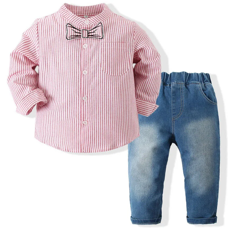 

2Piece Set Spring Fall Baby Boy Clothes Korean Fashion Gentleman Stripe Long Sleeve Tops+Jeans Children Boutique Clothing BC1239