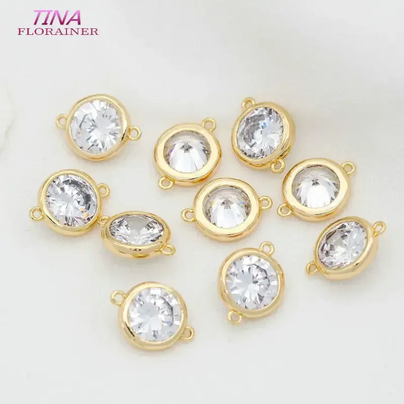 4PCS 5,5 MM 14K Gold Farbe mit Weiß Zirkon Messing 2 Löcher Runde Verbinden Charme Anhänger Schmuck Zubehör