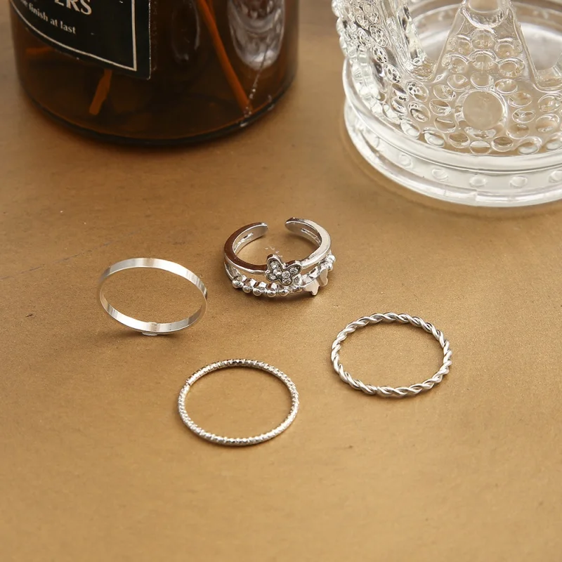 4Pcs Plain Circle Butterfly Ring Set Silver Color Opening Adjustable Fashion Personalized Finger Ring For Women Trendy Jewelry