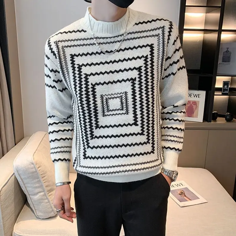 Men's Pullover Round Neck Sweater New 2023 Autumn Winter Handsome Printed Checkered Solid Color Long Sleeved Knitted Bottom Tops