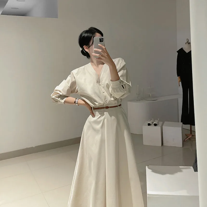 Korean Fashion V-neck Midi Dresses for Women with Belt Long Sleeve A-line Office Lady Autumn New Elegant Solid Female Clothing