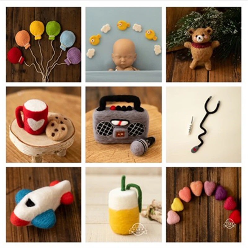 Newborn Baby Photography Props  Handmade Wool Mini Cute Doctor Radio Coffee Stars Kite Decorations for Studio Shoots Photo Props