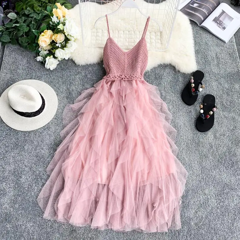 

Knit Patchwork Mesh Sexy V Neck Spaghetti Strap Summer Midi Long Dress Party Women Casual Beach Holiday Irregular Vestidos