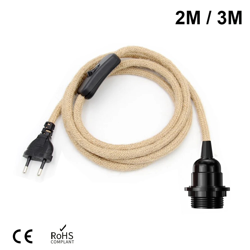 Decorative Lights DIY Lighting Accessories EU Plug Power Cord Vintage Hemp Cord 2 Meters 3 Meters Convered With ON/OFF Switch Retro Pendant Light Design Lighting Decor