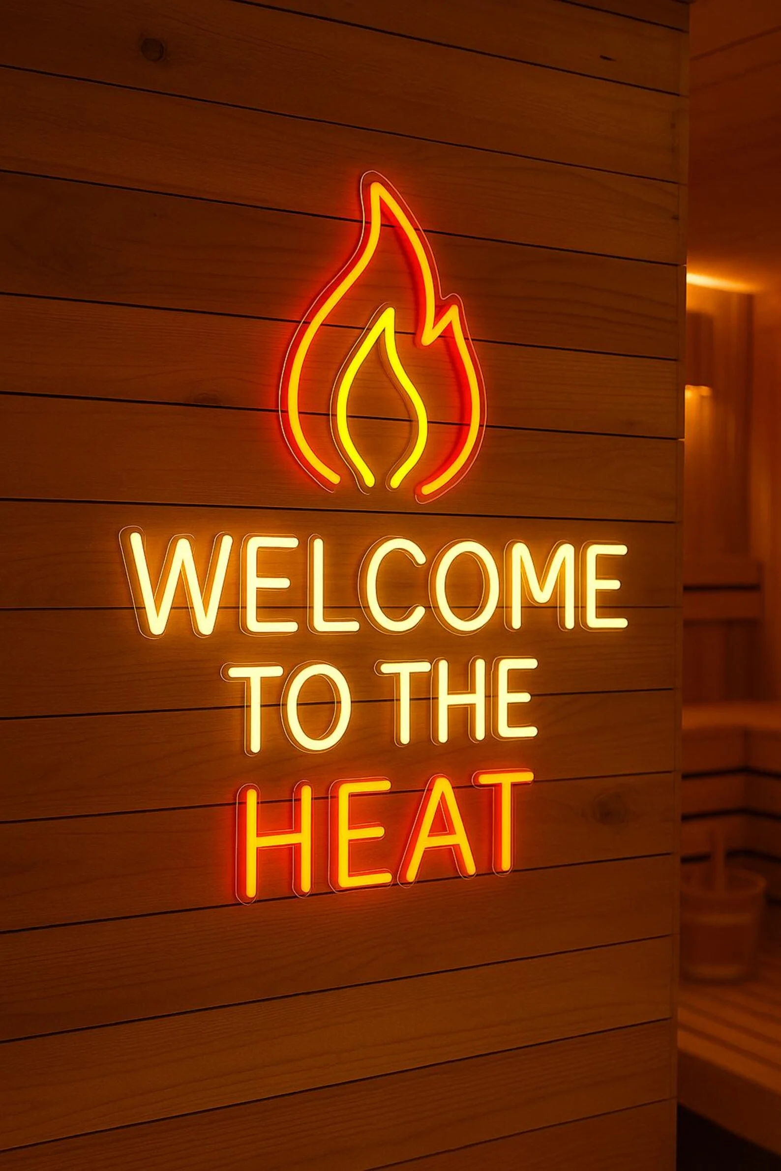 ป้ายนีออนซาวน่า, ยินดีต้อนรับสู่ความร้อน, การตกแต่งนีออนเวลาซาวน่า, ไม้กวาดอาบน้ํา, การตกแต่ง LED ต้นปาล์ม 1