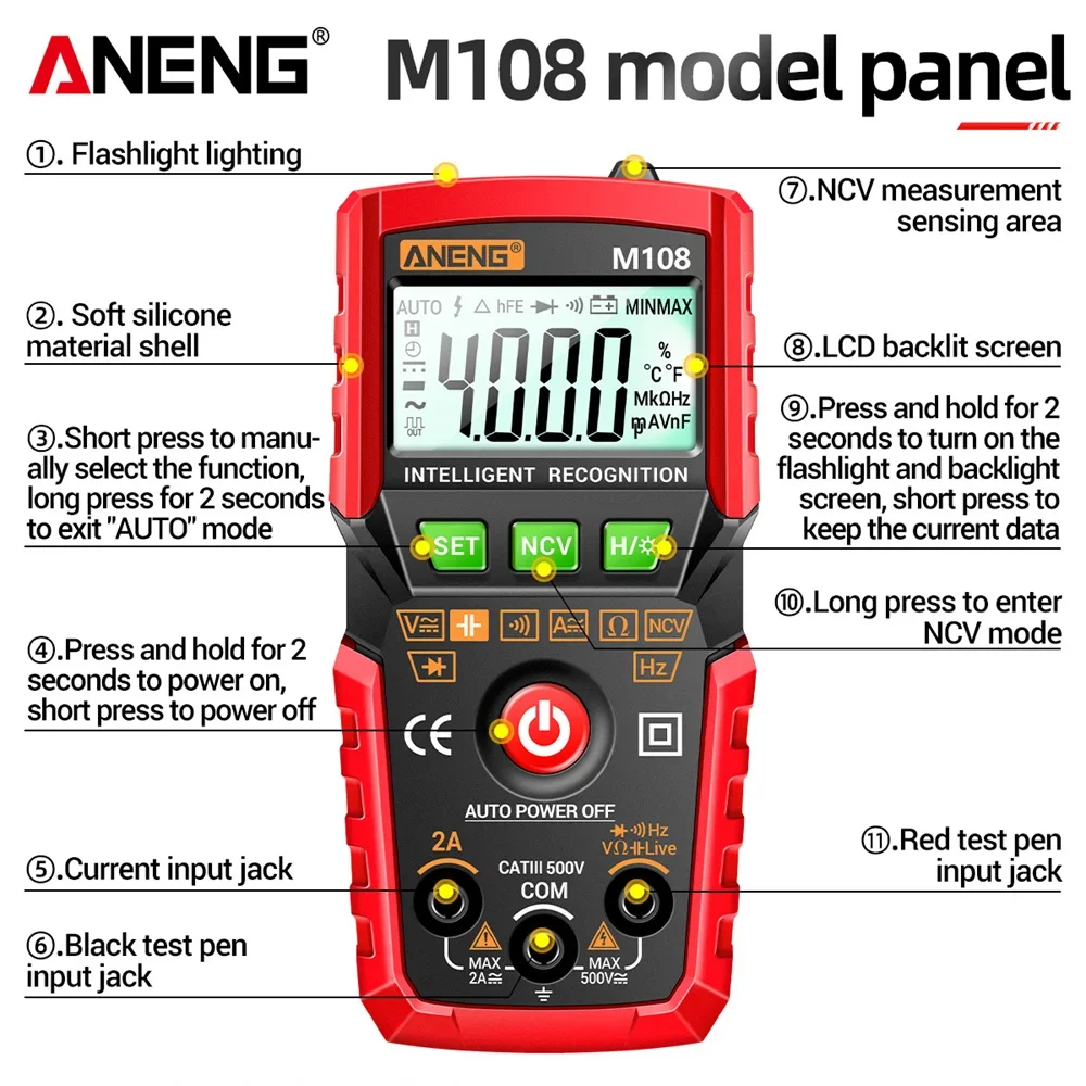 ANENG M108 MIni Digital Multimeter 4000 count AC/DC Electrical Instruments Tester Auto Multimetro digital profesional meter digital multimeter,multimeter tester