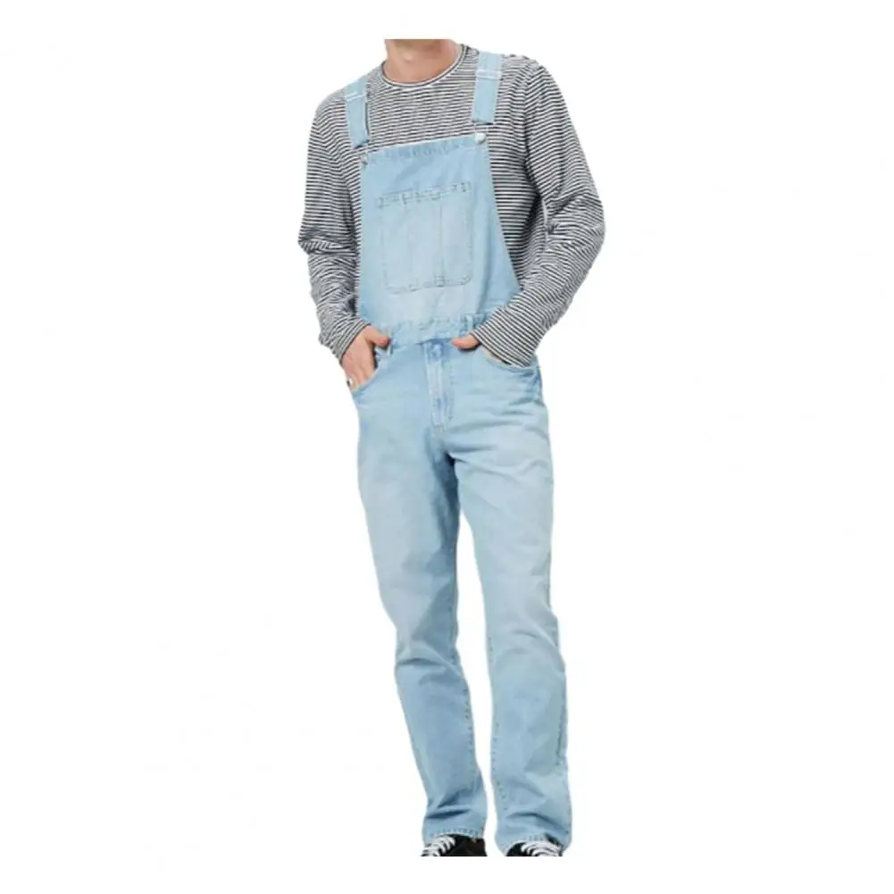 

Men Denim Overalls Men's Soft Breathable Denim Jumpsuit with Suspender Long Pants Solid Color Multi-pocket Bib for Everyday