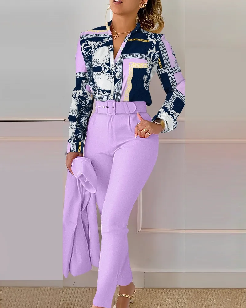 Elegant Women Printed Two Piece Suit Sets Autumn Winter V Neck Long Sleeve Shirt Top & Long Pants Set With Belt Workwear Outfits