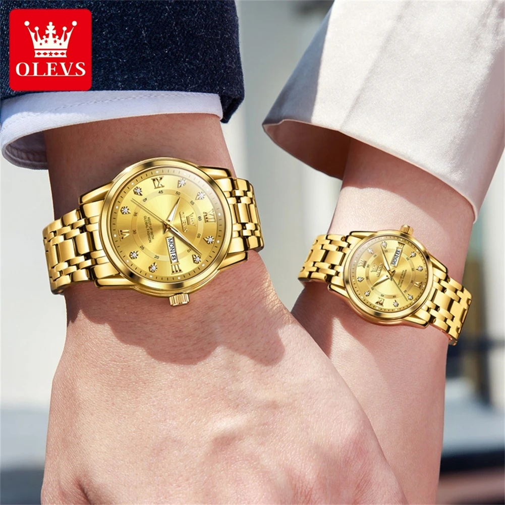 OLEVS Quartz Couple Watches for Men and Women Luxury Golden Stainless Steel Dual Calendar Dial Waterproof Luminous Wristwatches