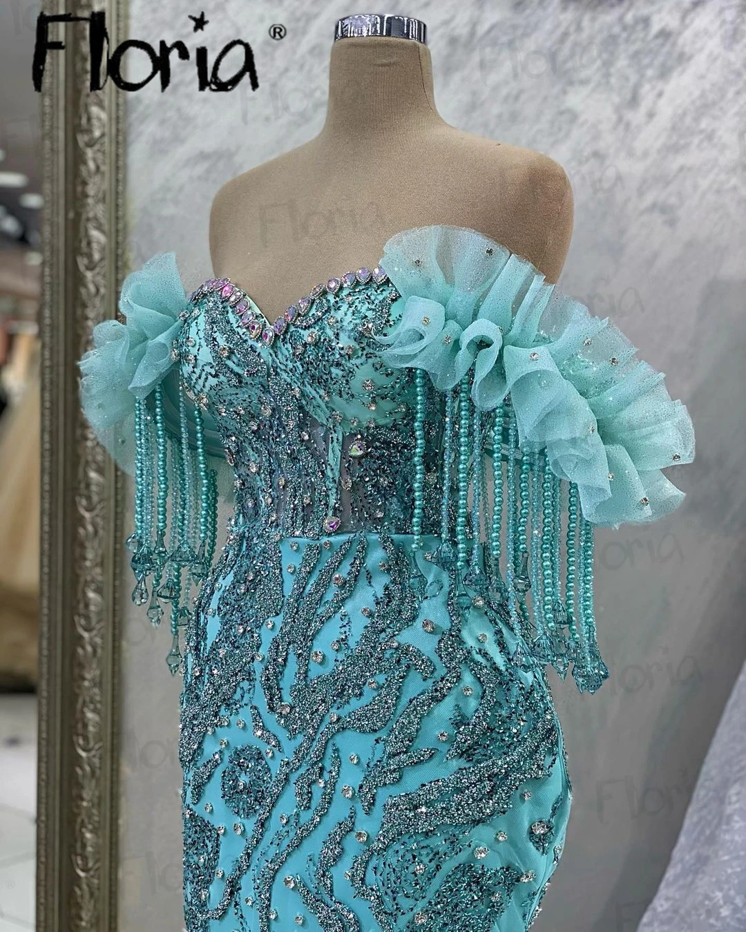 Luxury Prom Dresses Mint Green Cocktail Dress Mermaid Off Shoulder Crystals Tassels Women's Evening Dress for Wedding Customized