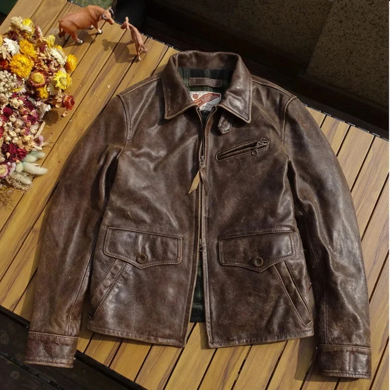 Free shipping.Men Frosted tea core cowhide coat.collect Vintage brown real leather outwear.slim soft fitness jacket