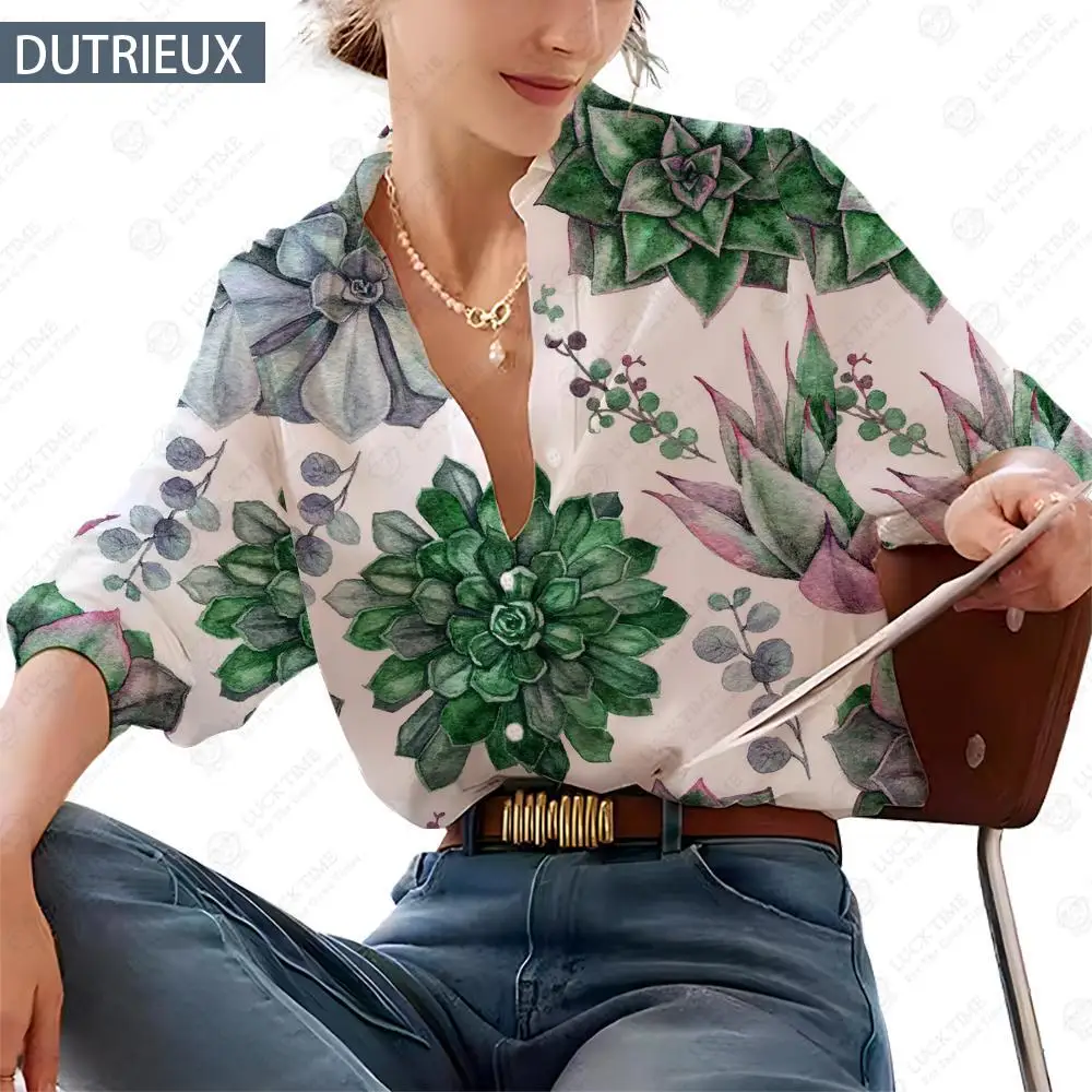 

Loose Female Shirt Tops All Season Office Printed Long-Sleeved Woman's Shirts 3D Basics Slight Strech Regular STANDARD Full