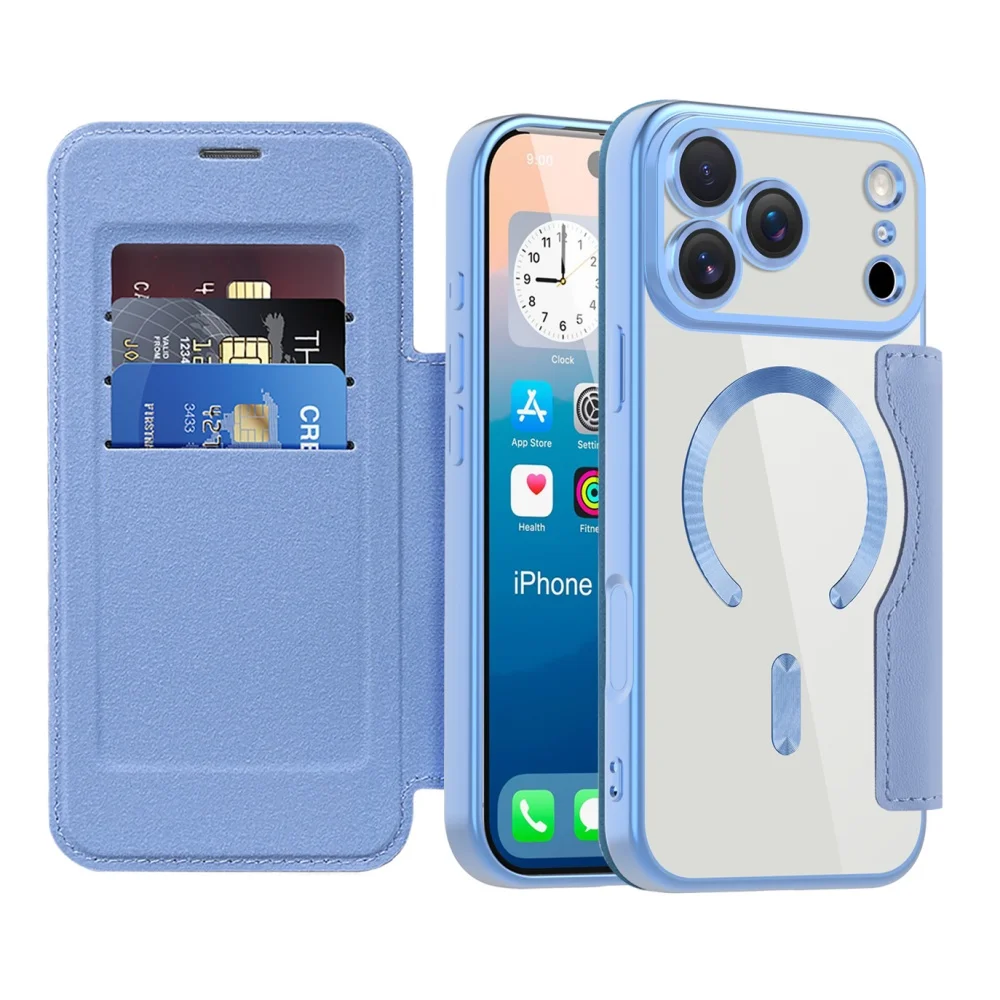 Magnetic Card Holder Case with Transparent Fold Leather Wallet Flip Cover