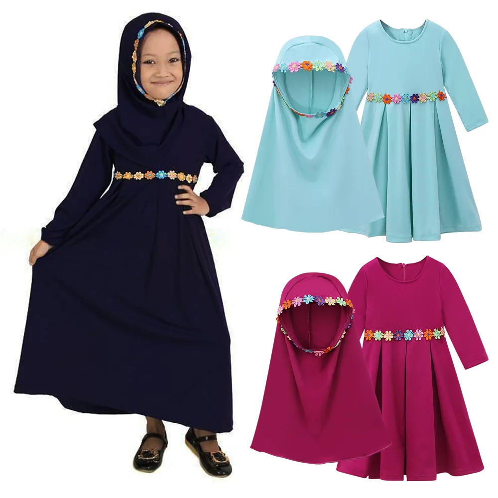 Bambini Musulmani 2 Pezzi Vestito Da Preghiera Ragazze Hijab Abaya Ramadan Set Arab Kids Jilbab Foulard Abito Lungo Abito Chador Islamico