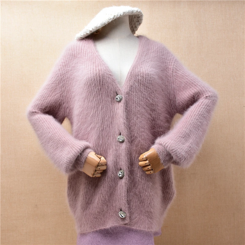 

Ladies Women Fall Winter Clothing Hairy Mink Cashmere Knitted Long Sleeves V-Neck Loose Cardigans Angora Fur Jacket Sweater Pull
