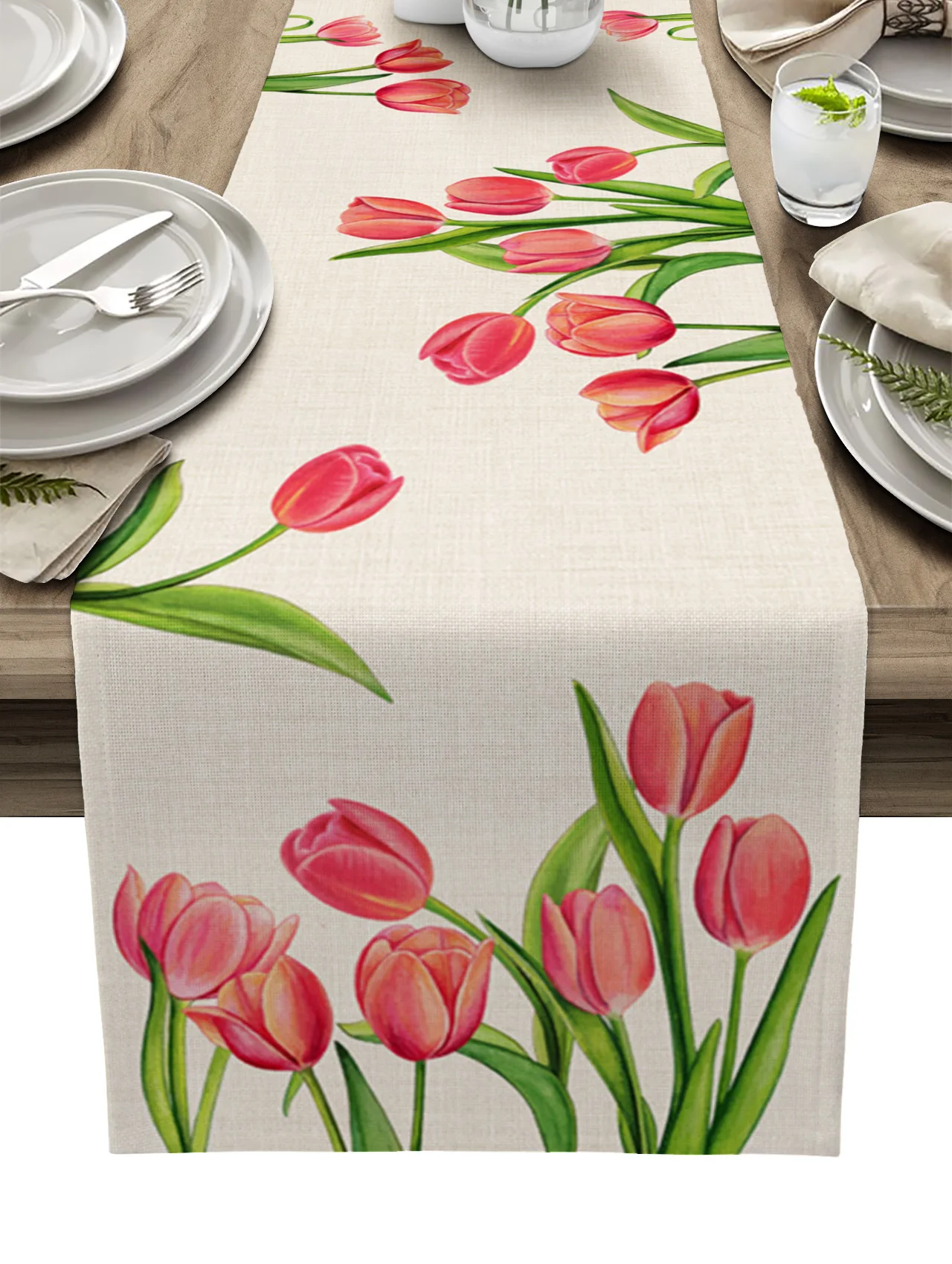 

Spring Tulip Flower Linen Table Runner Kitchen Table Decoration Farmhouse Reusable Dining Table Cloth Wedding Party Decor